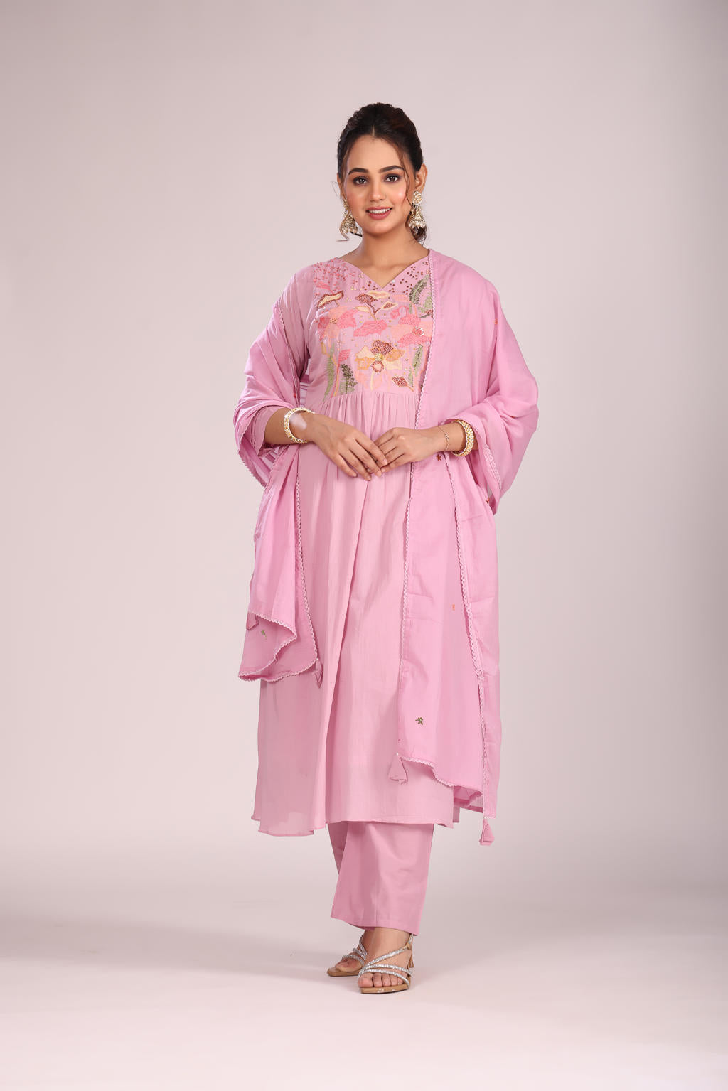 Lavender Cotton A-Line Kurti โ Hand Embroidery, Anarkali Style