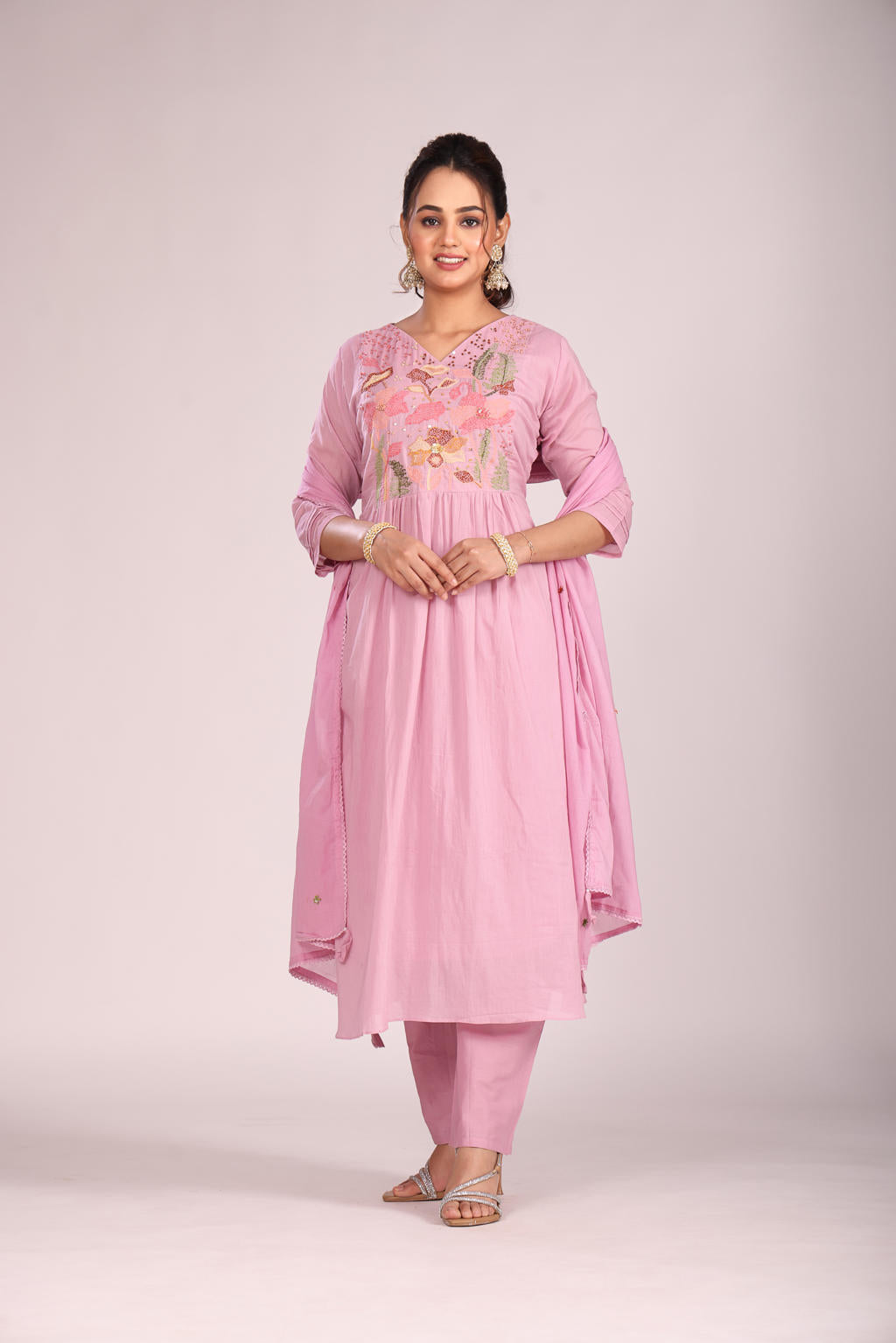 Lavender Cotton A-Line Kurti โ Hand Embroidery, Anarkali Style
