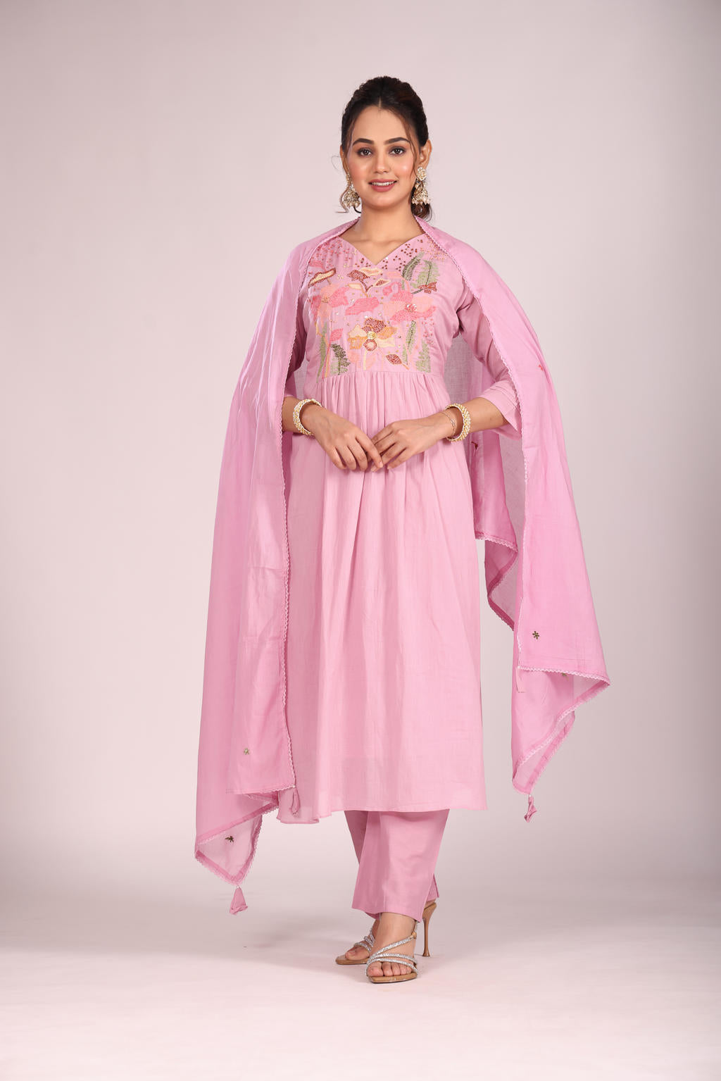 Lavender Cotton A-Line Kurti โ Hand Embroidery, Anarkali Style