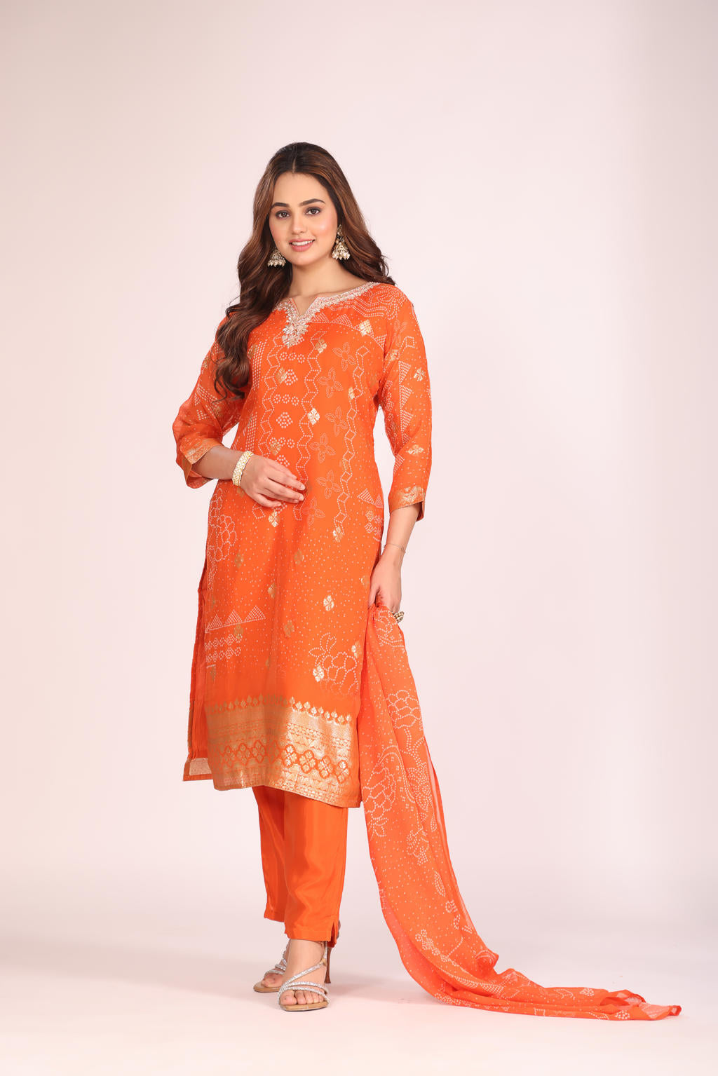 Orange Organza Kurti Set with Pant & Dupatta โ Printed, Hand Embroidery, 3 Pc