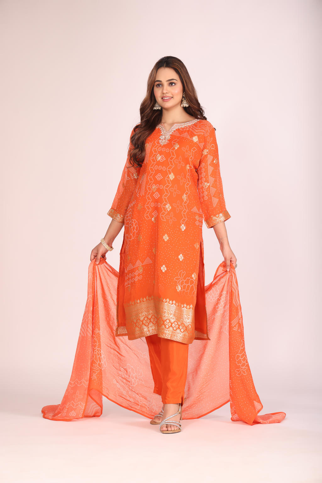 Orange Organza Kurti Set with Pant & Dupatta โ Printed, Hand Embroidery, 3 Pc