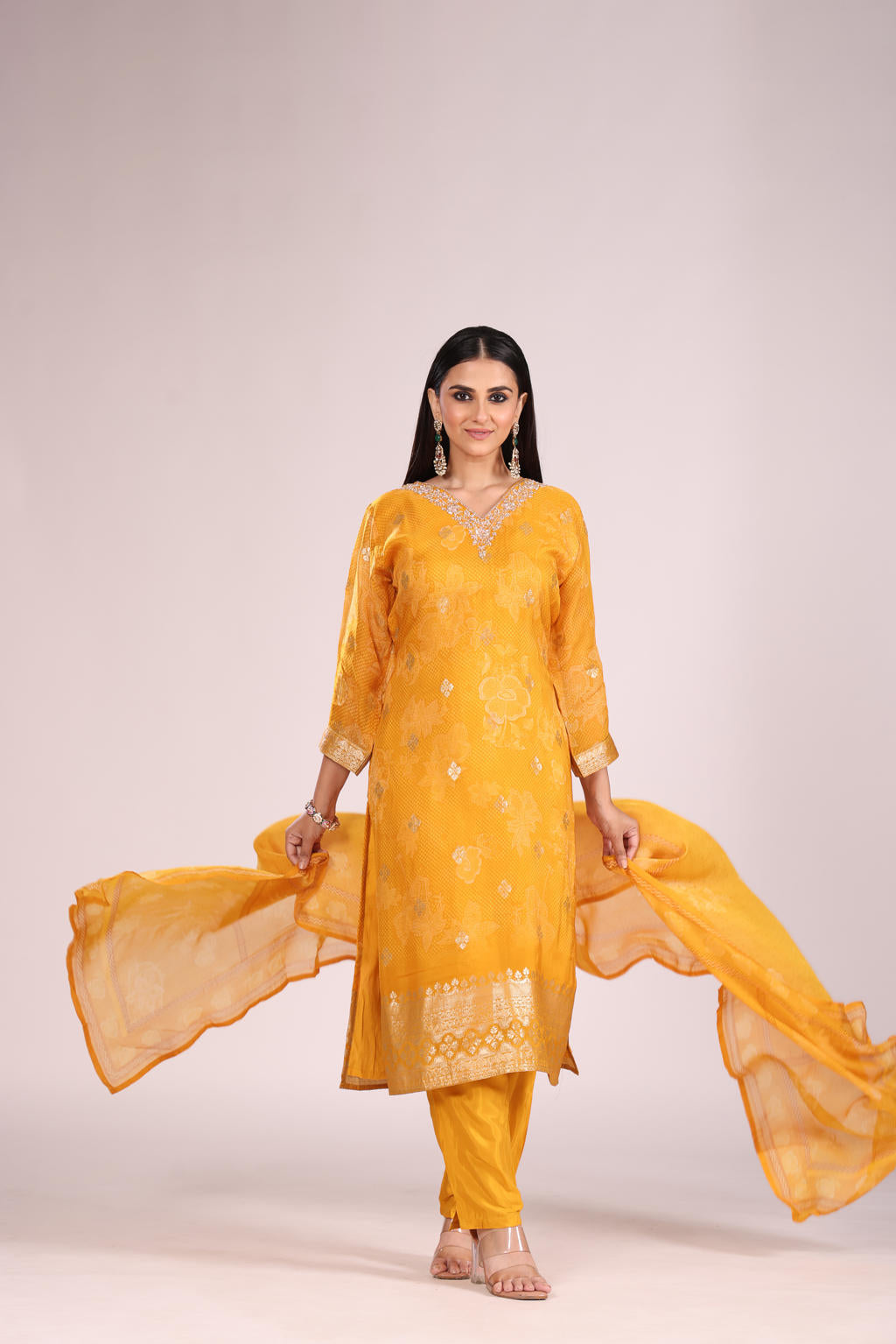 Mustard Organza Kurti Set with Pant & Dupatta โ Printed, Hand Embroidery