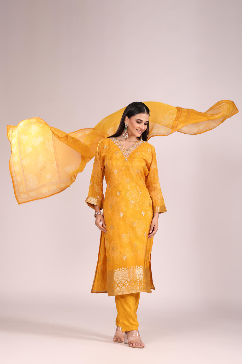 Mustard Organza Kurti Set with Pant & Dupatta โ Printed, Hand Embroidery