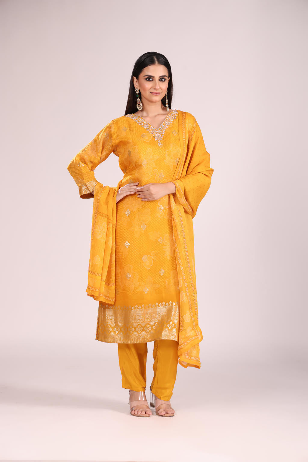 Mustard Organza Kurti Set with Pant & Dupatta โ Printed, Hand Embroidery