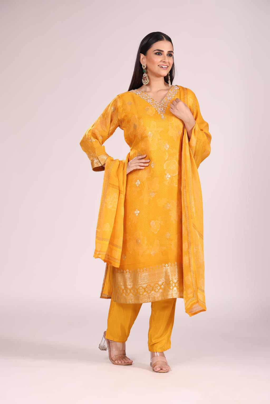 Mustard Organza Kurti Set with Pant & Dupatta โ Printed, Hand Embroidery