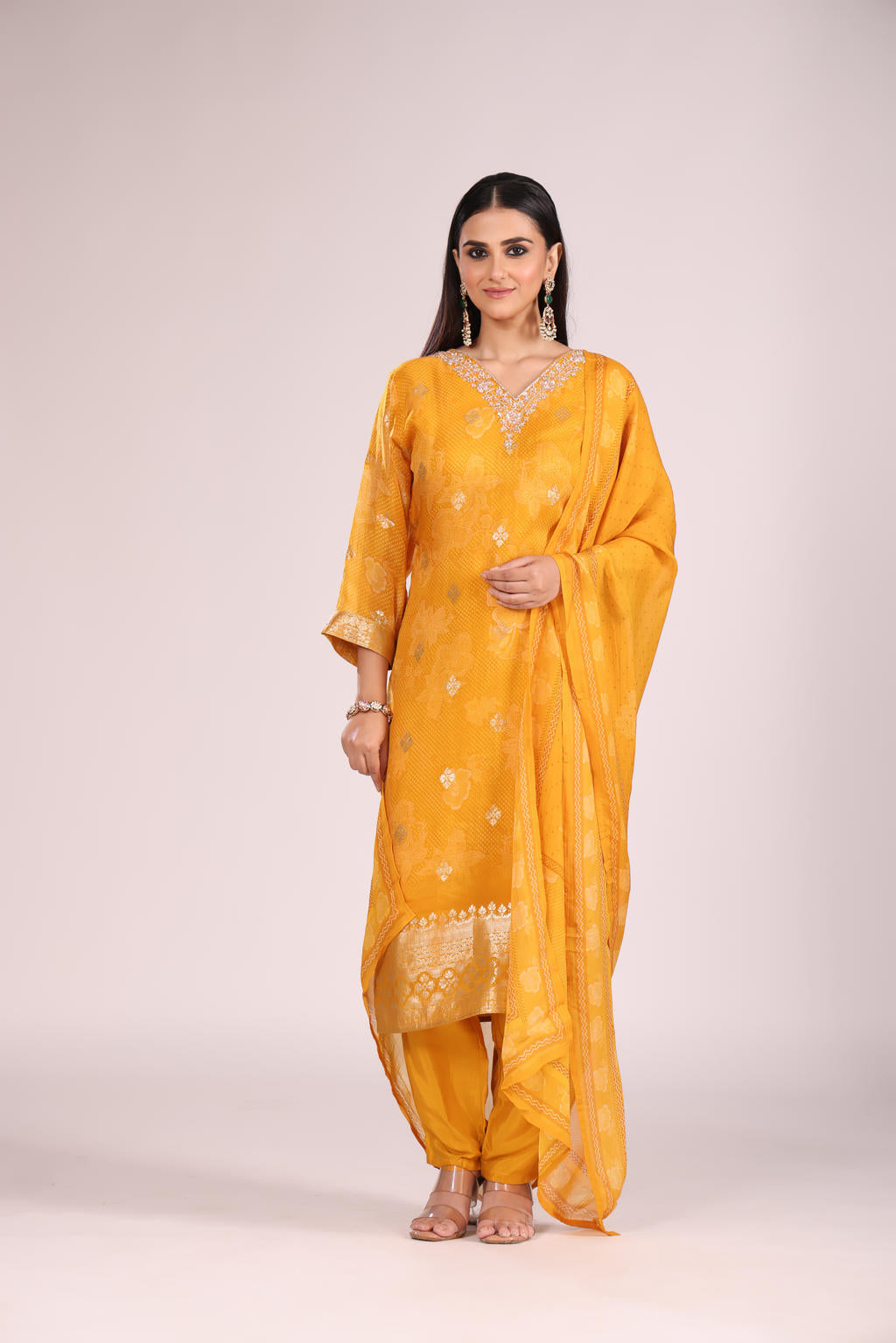 Mustard Organza Kurti Set with Pant & Dupatta โ Printed, Hand Embroidery