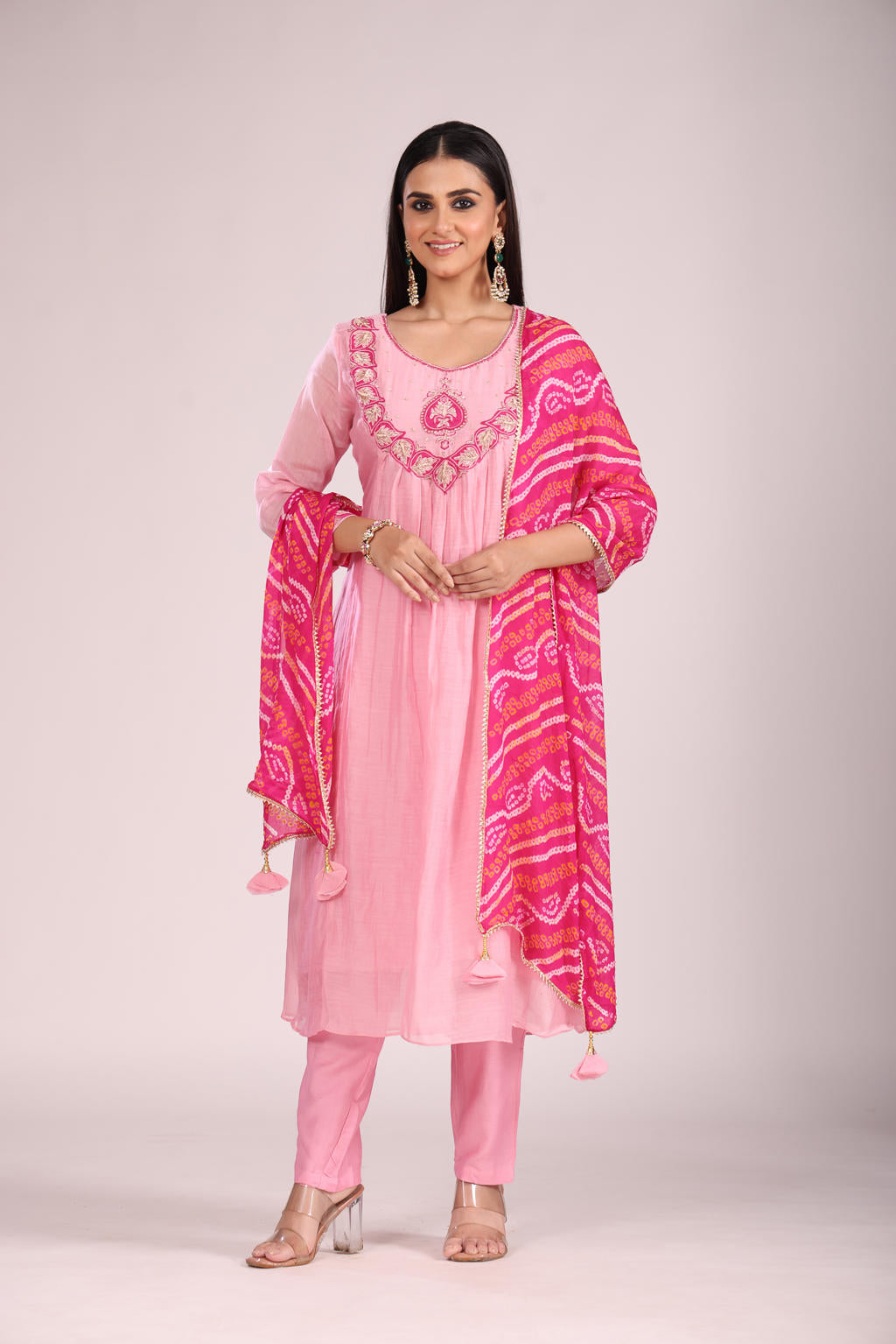 Pink Mal Chandheri A-Line Kurti Set โ Anarkali Style with Hand Embroidery