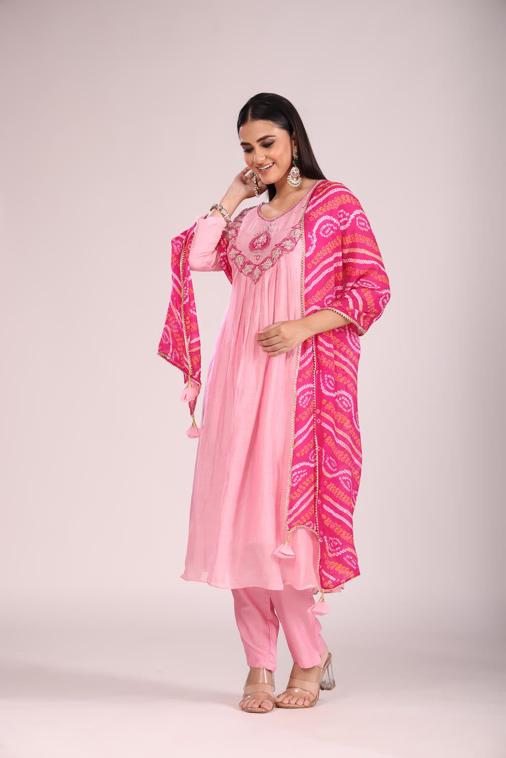 Pink Mal Chandheri A-Line Kurti Set โ Anarkali Style with Hand Embroidery