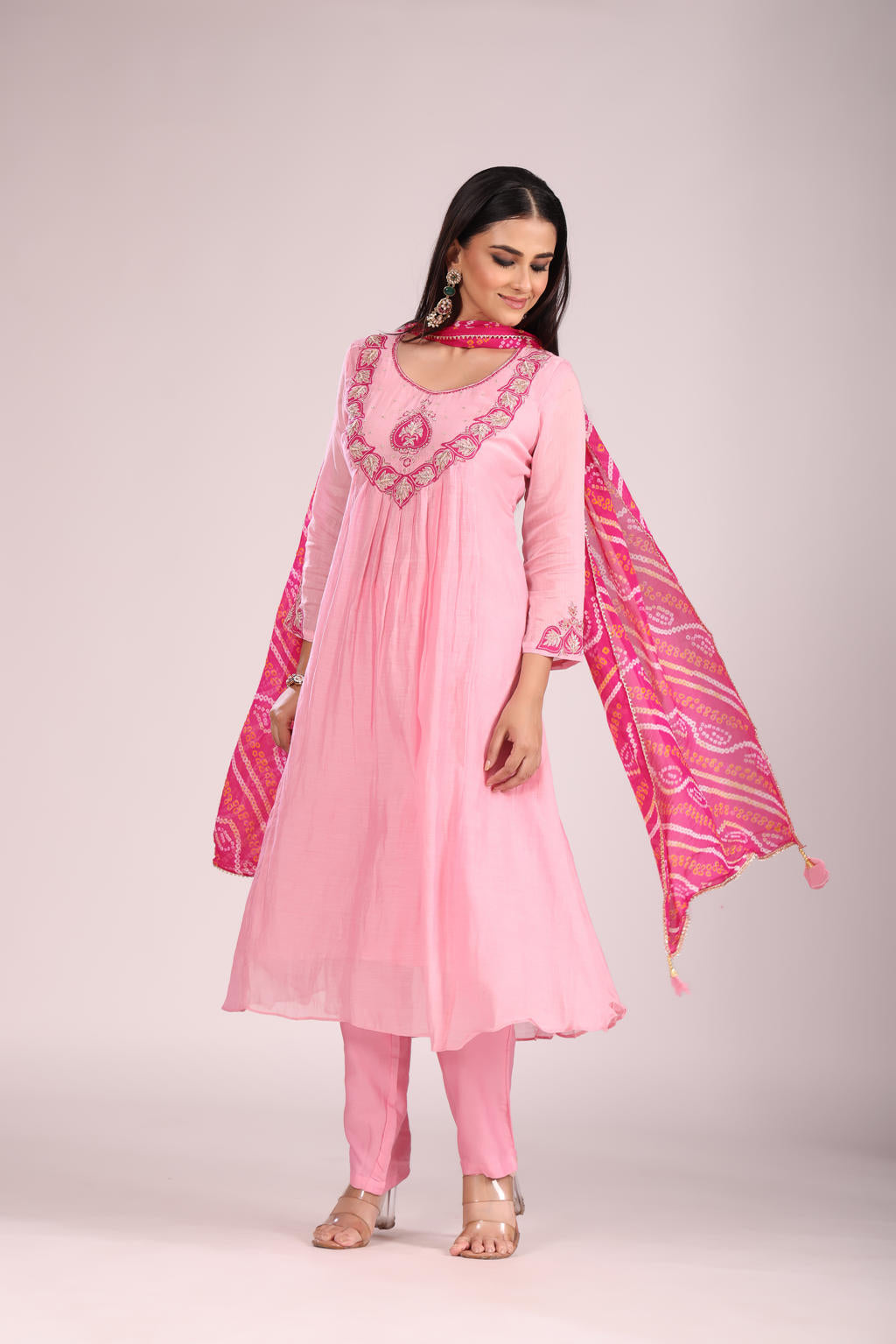 Pink Mal Chandheri A-Line Kurti Set โ Anarkali Style with Hand Embroidery