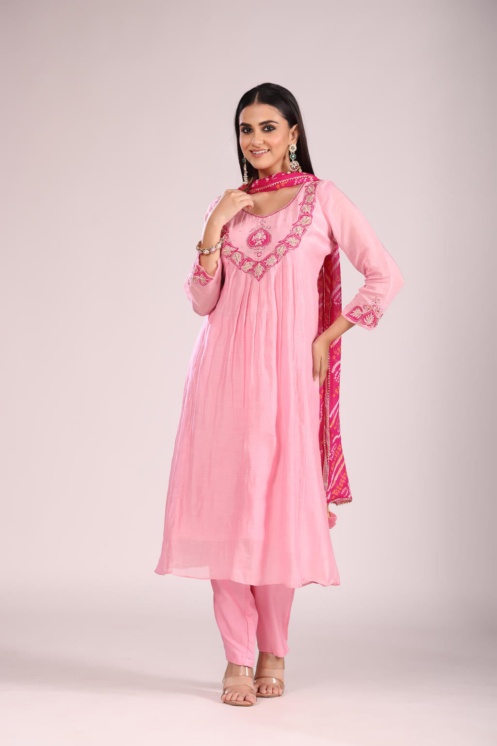 Pink Mal Chandheri A-Line Kurti Set โ Anarkali Style with Hand Embroidery