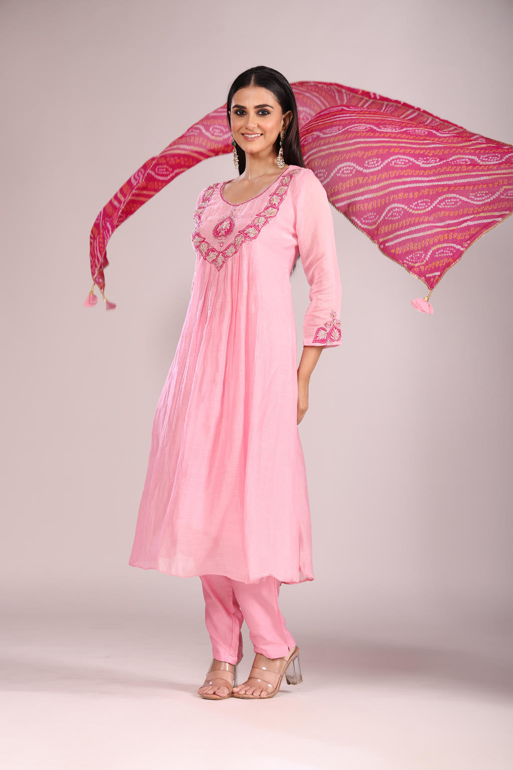 Pink Mal Chandheri A-Line Kurti Set โ Anarkali Style with Hand Embroidery