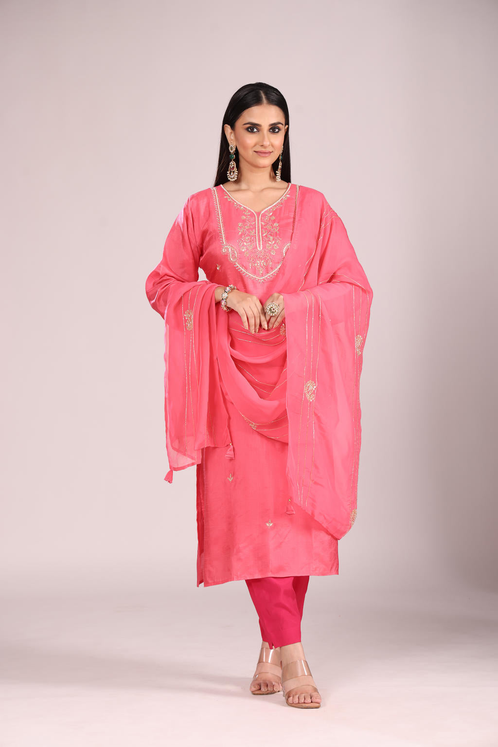 Pink 3 Pc Kurti Pant Dupatta Set โ Organza Silk with Hand Embroidery