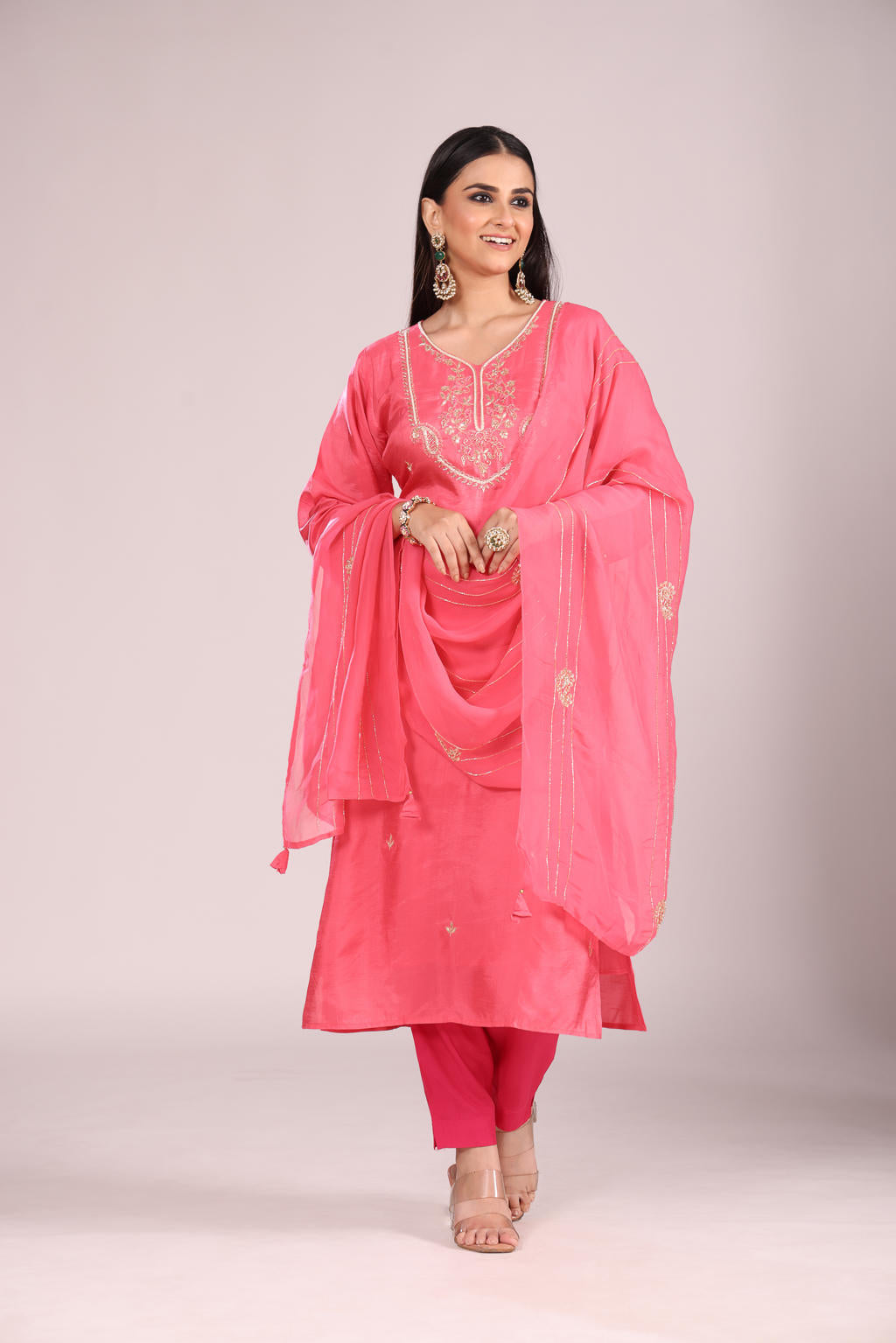 Pink 3 Pc Kurti Pant Dupatta Set โ Organza Silk with Hand Embroidery