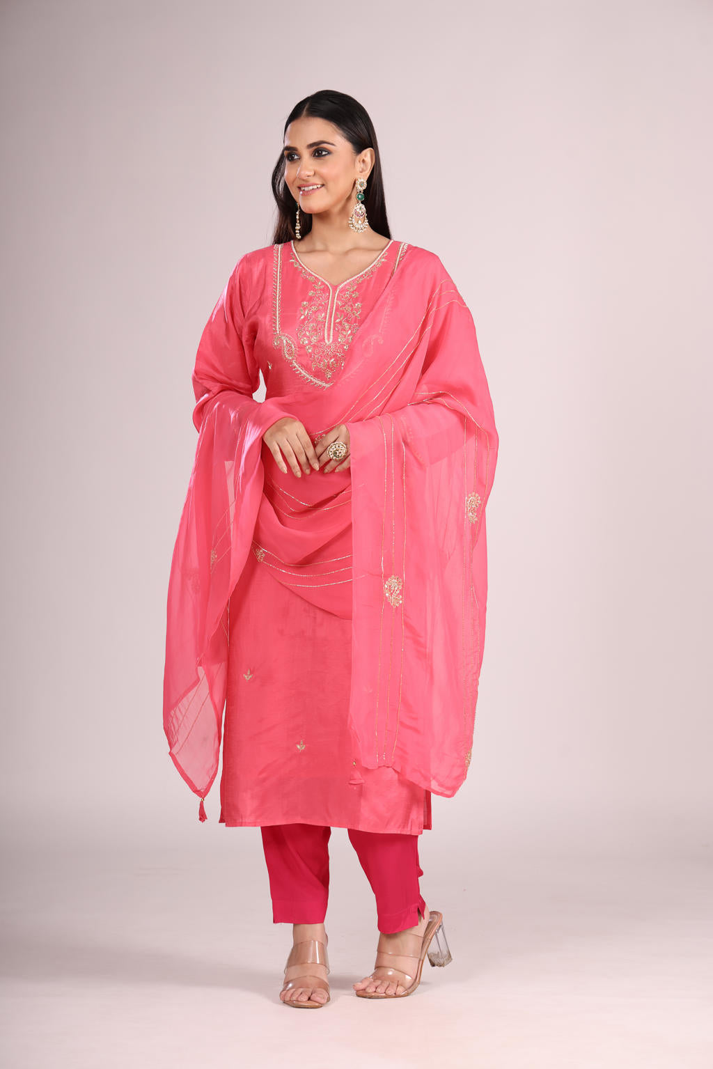 Pink 3 Pc Kurti Pant Dupatta Set โ Organza Silk with Hand Embroidery