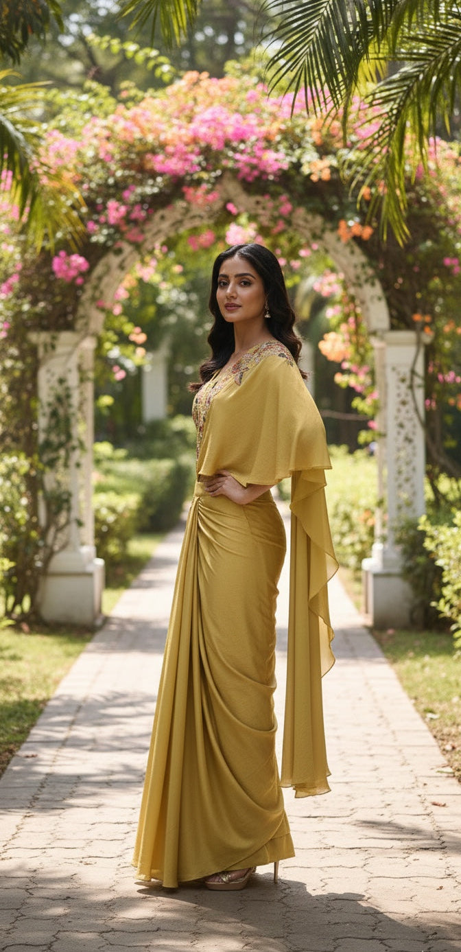 Drape Saree with V neck Blouse