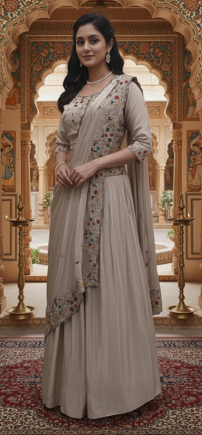 Draped Square Dupatta with Pleated Skirt and Blouse