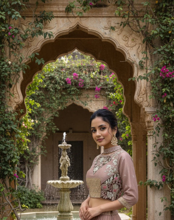 Patch Bustier with Choker Dupatta and Pleated Skirt