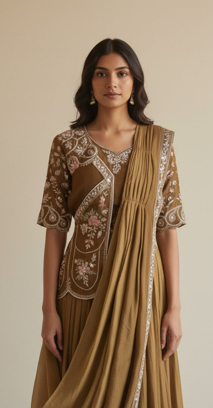 Asymmetric Jacket Style Blouse, Ombre Color Pleated Skirt Lehenga