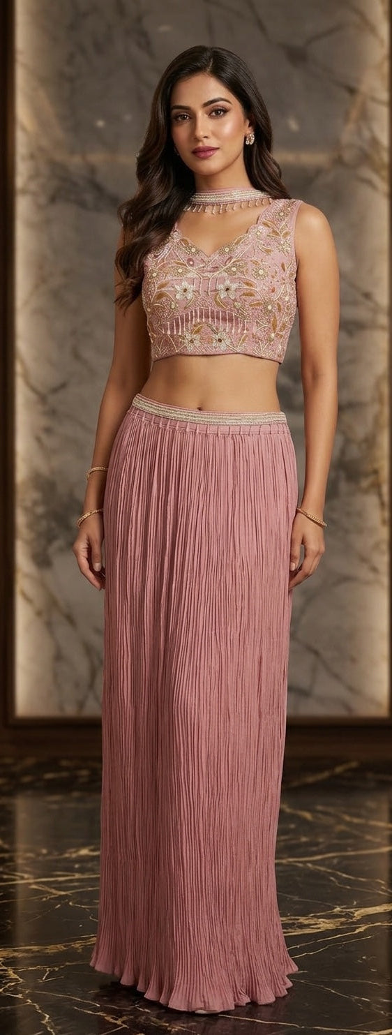 Bustier with Choker Dupatta & Crushed Skirt.