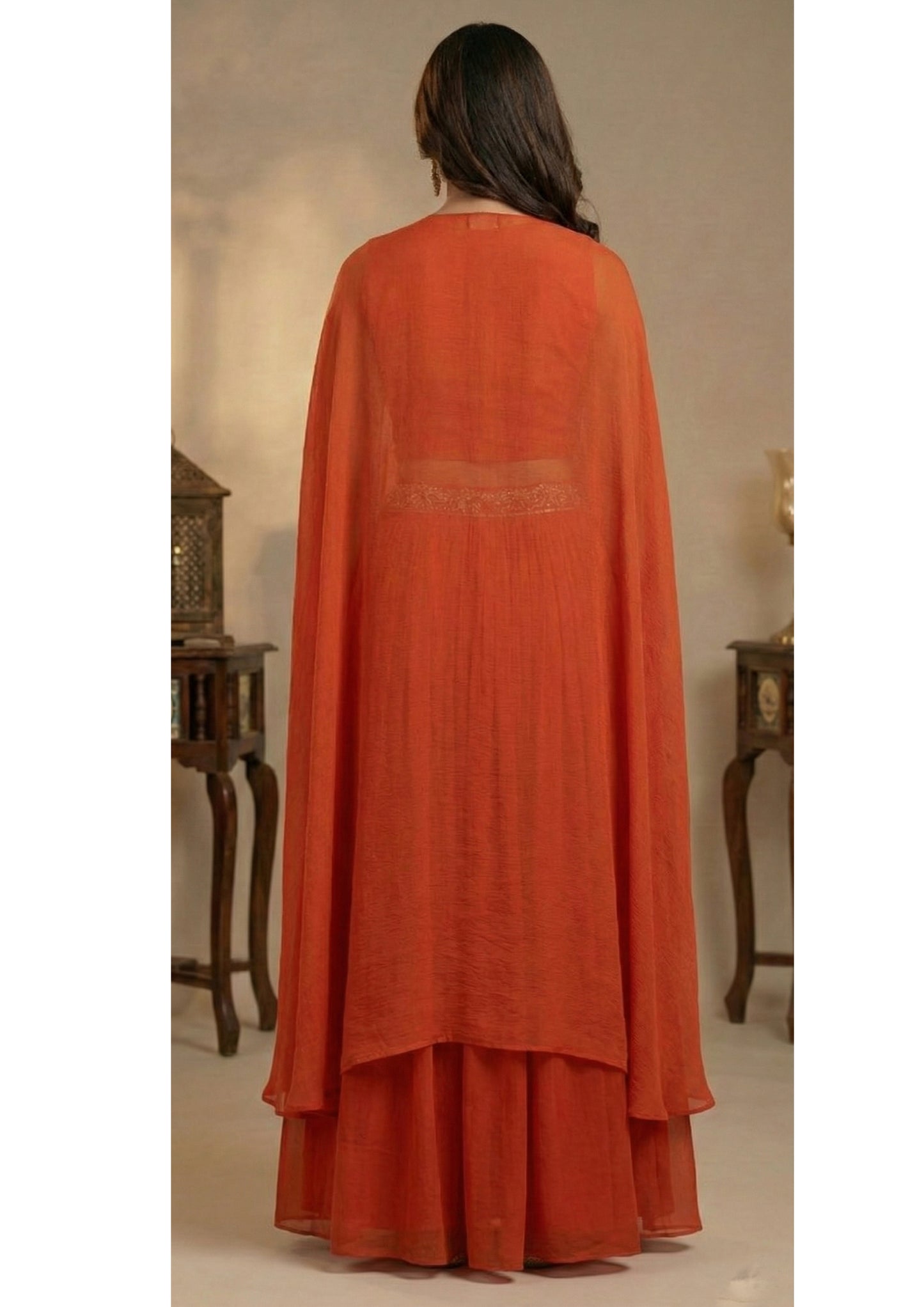 3pc Cape Bustier Skirt Set- Chinnon and Bandhej with Hand Embroidery