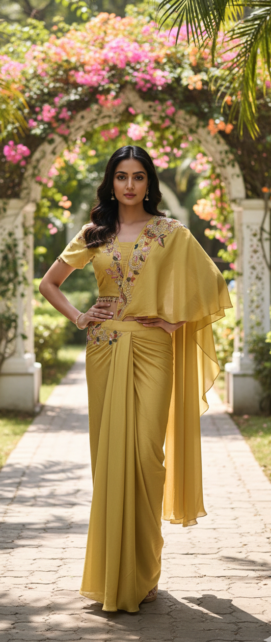 Drape Saree with V neck Blouse