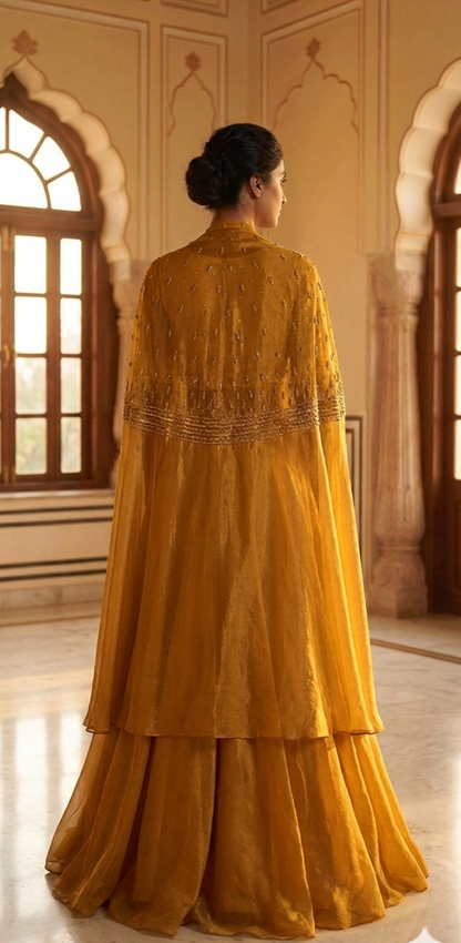 Cape with V neck Bustier and Skirt Set