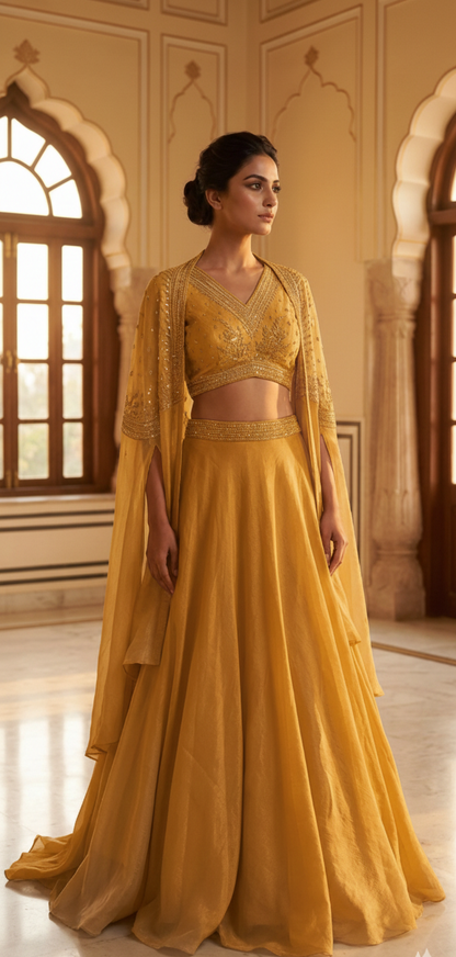 Cape with V neck Bustier and Skirt Set