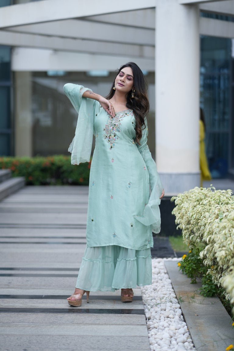 PF5681 Sea Green Kurtis Ethnic Clothing Festive Collection Hand Embroidery Kurta Sets Shararas Silk Trending Collection