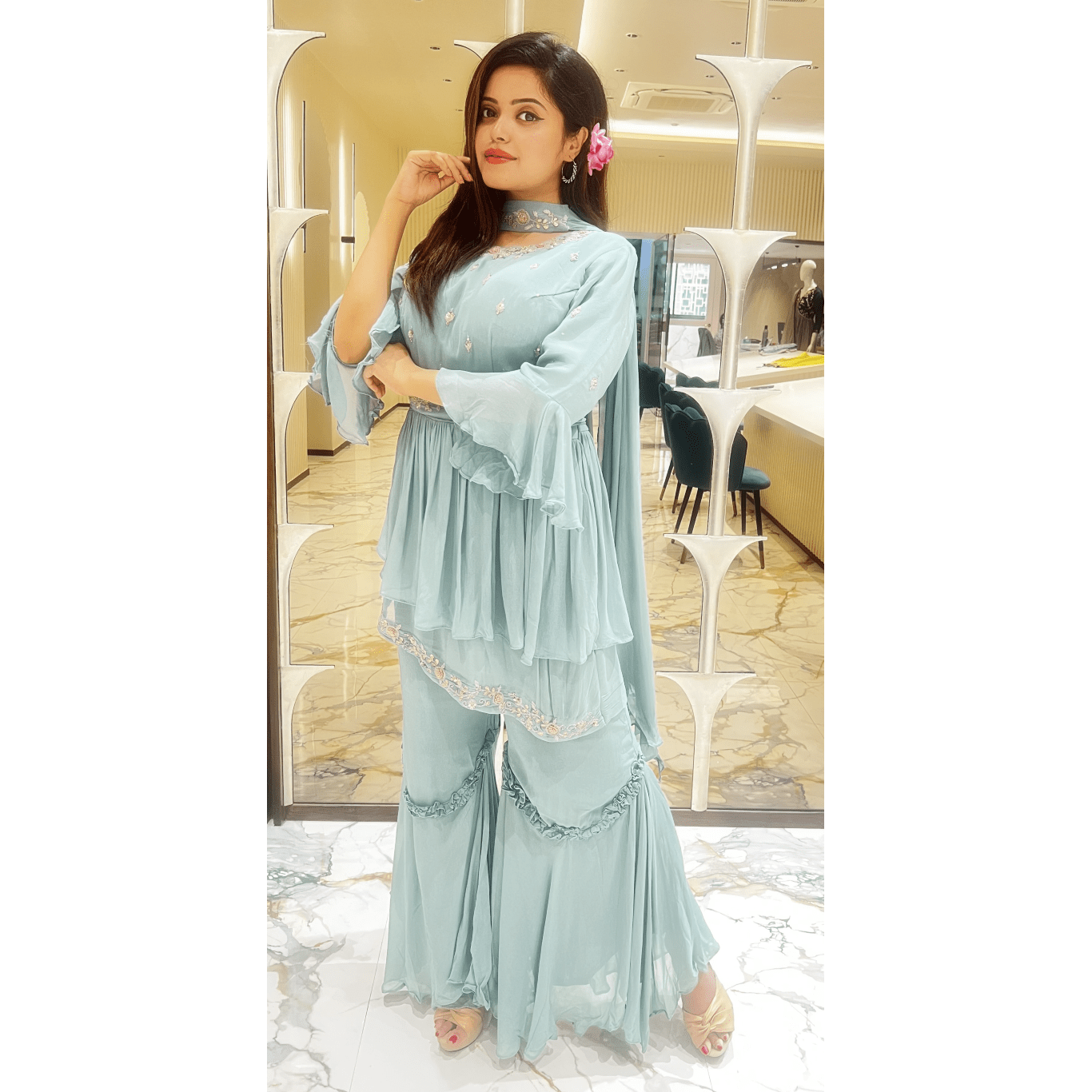 PF6595 Sea Green Kurtis Contemporary Clothing Ethnic Clothing Georgette Hand Embroidery Indo-Western Shararas Trending Collection