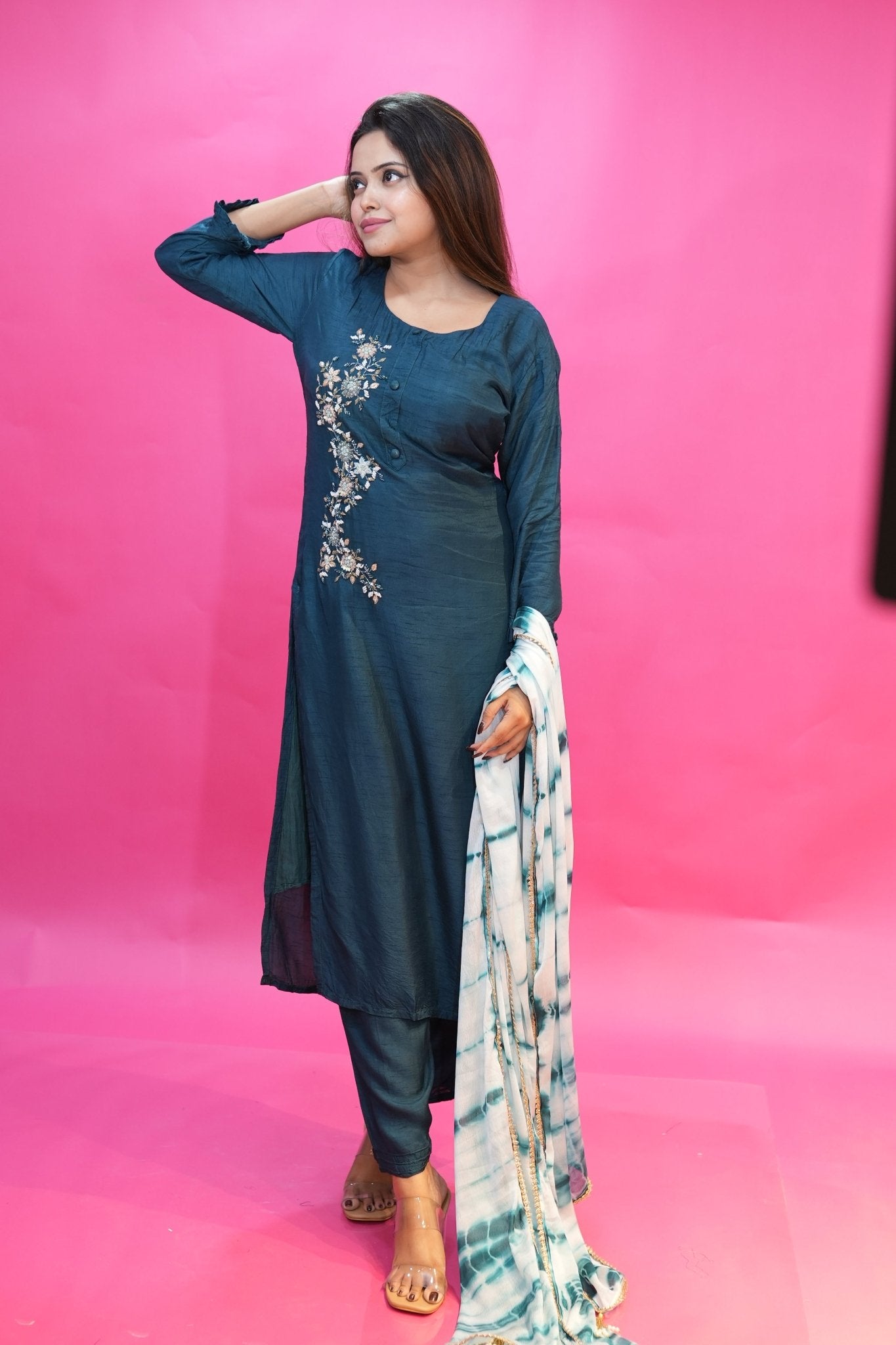 PF6866A - , Kurtis , Ethnic Clothing Hand Embroidery Kurta Sets Silk