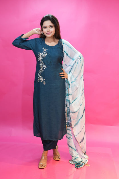 PF6866A - Indigo , Kurtis , Ethnic Clothing Hand Embroidery Kurta Sets Silk