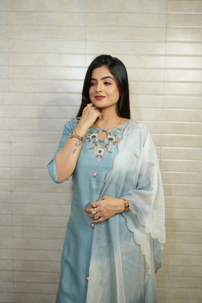 PF7005 - Grey , Kurtis , Ethnic Clothing Hand Embroidery Kurta Sets Silk