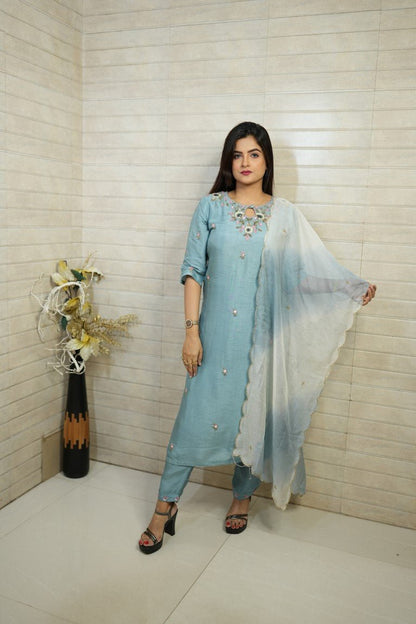 PF7005 - , Kurtis , Ethnic Clothing Hand Embroidery Kurta Sets Silk
