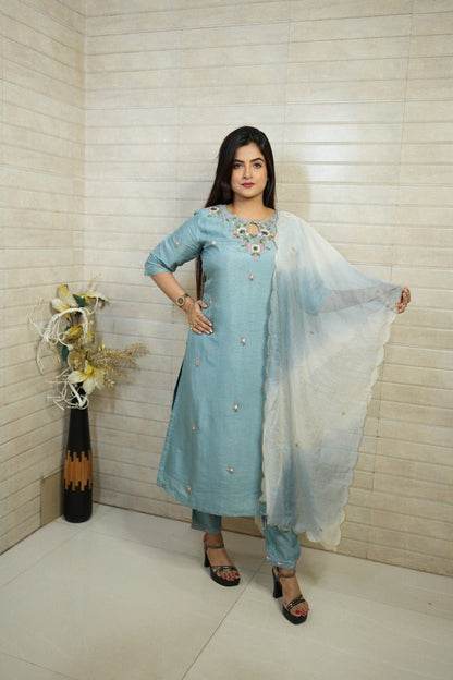 PF7005 - , Kurtis , Ethnic Clothing Hand Embroidery Kurta Sets Silk