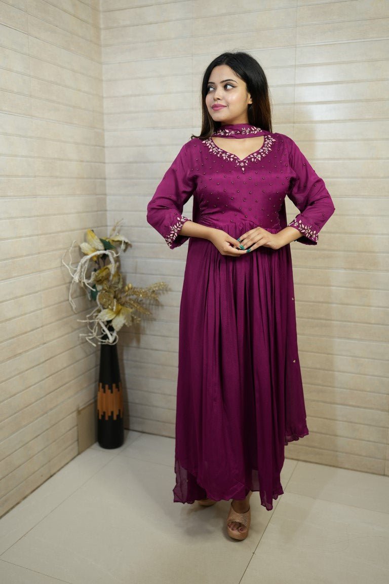 PF7012 Wine Kurtis Anarkali Ethnic Clothing Hand Embroidery Silk