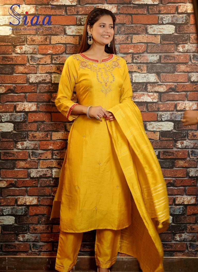 PF7044 Mustard Kurtis Ethnic Clothing Hand Embroidery Kurta Sets Printed Silk