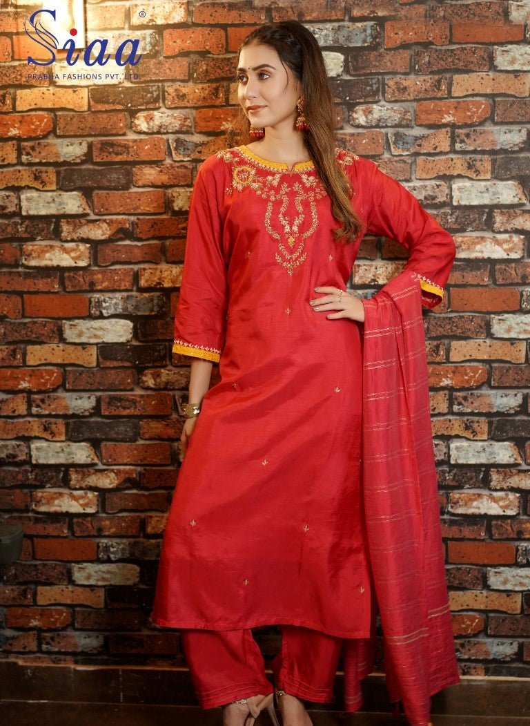 PF7044 Red Kurtis Ethnic Clothing Hand Embroidery Kurta Sets Printed Silk