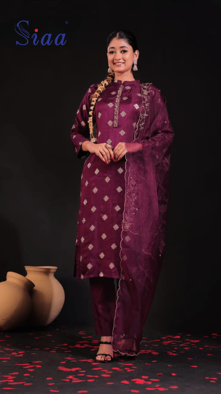 PF7116 Wine Kurtis Ethnic Clothing Festive Collection Hand Embroidery Kurta Sets Silk