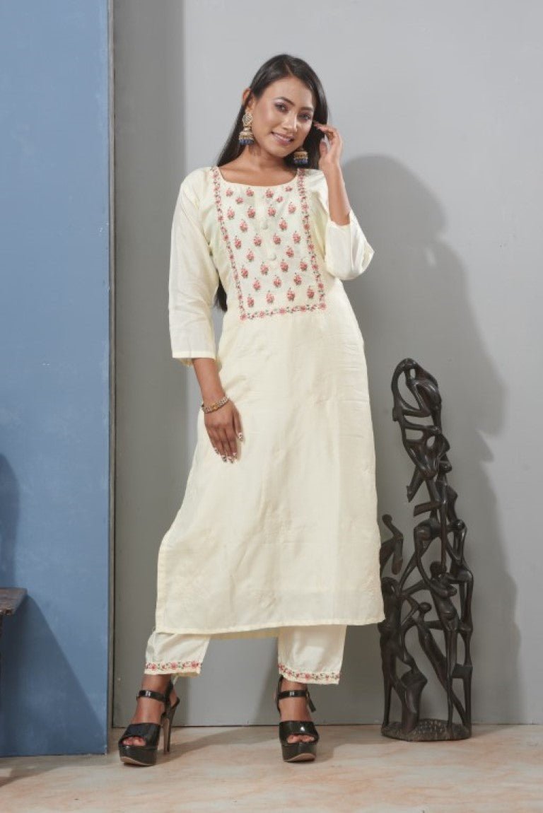 PF7141 Off White Kurtis Ethnic Clothing Hand Embroidery Kurta Sets Silk