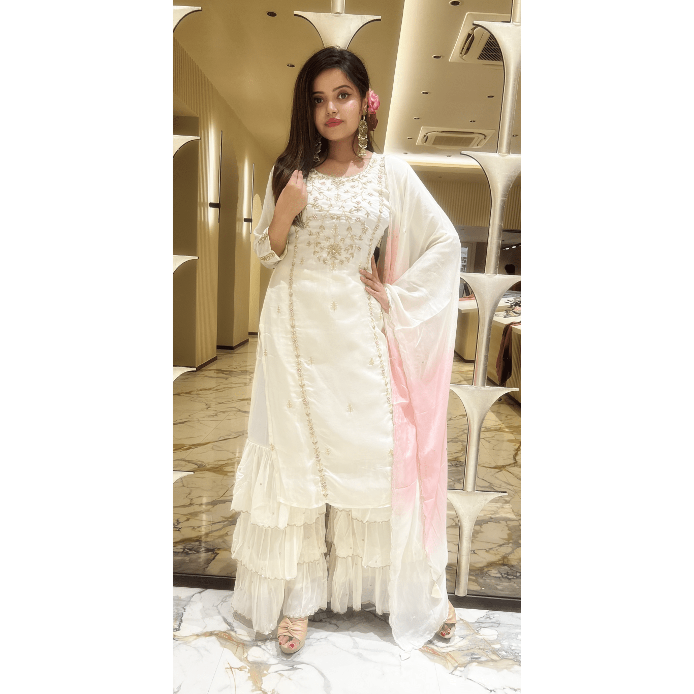 PF7181 Off White Kurtis Chinnon Ethnic Clothing Festive Collection Hand Embroidery Kurta Sets Shararas Tie-Dye Trending Collection