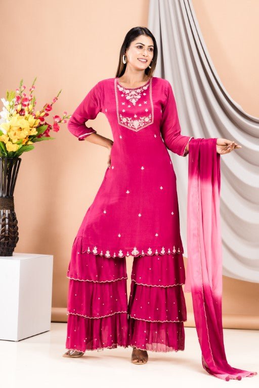 PF7213 - Magenta , Kurtis , Chinnon Ethnic Clothing Festive Collection Hand Embroidery Kurta Sets Shararas Trending Collection