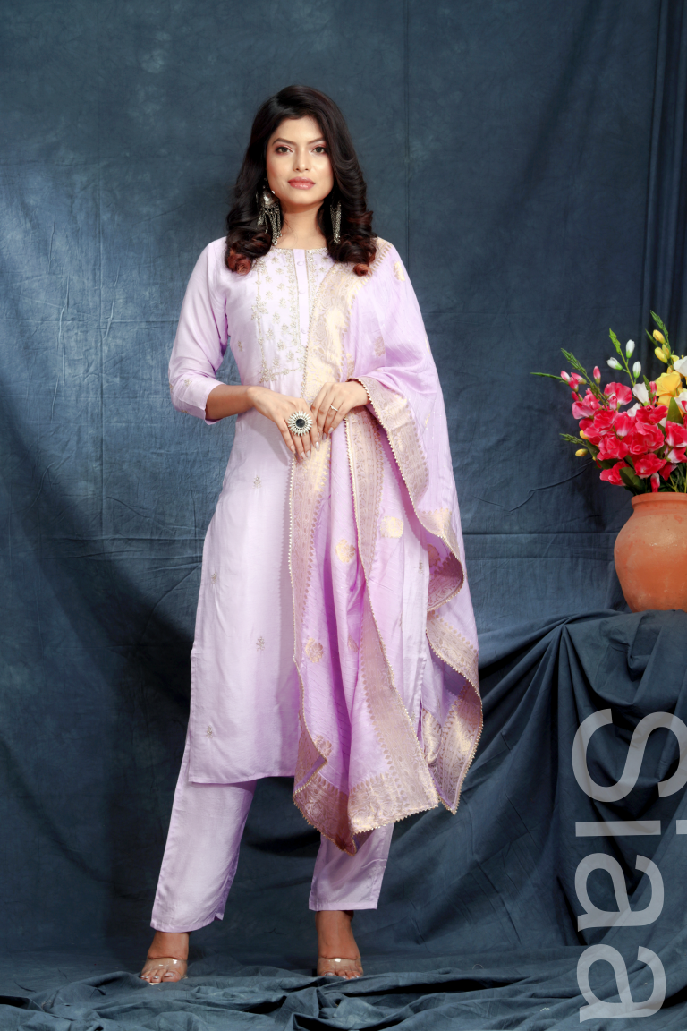 PF7219A Lavender Kurtis Banarasi Ethnic Clothing Festive Collection Hand Embroidery Kurta Sets Silk