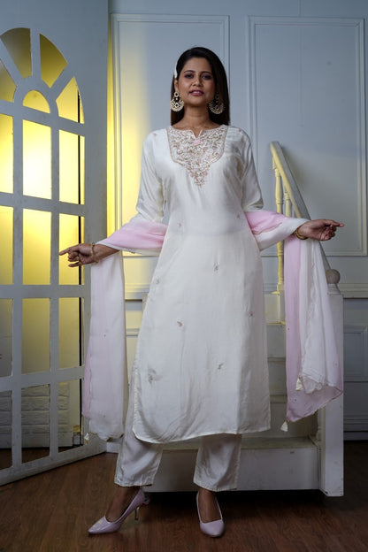 PF7267A - Off White , Kurtis , Ethnic Clothing Hand Embroidery Kurta Sets Silk