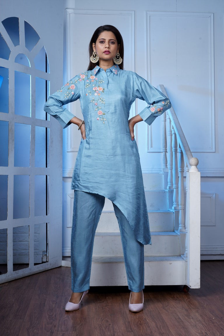 PF7275 Sky Blue Kurtis Casual Wear Chinnon Contemporary Clothing Cord Sets Ethnic Clothing Hand Embroidery