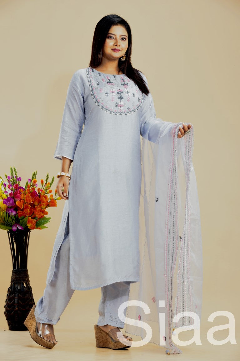 PF7280 - Grey , Kurtis , Ethnic Clothing Hand Embroidery Kurta Sets Silk