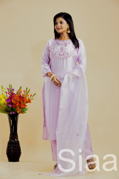 PF7280 Mauve Kurtis Ethnic Clothing Hand Embroidery Kurta Sets Silk