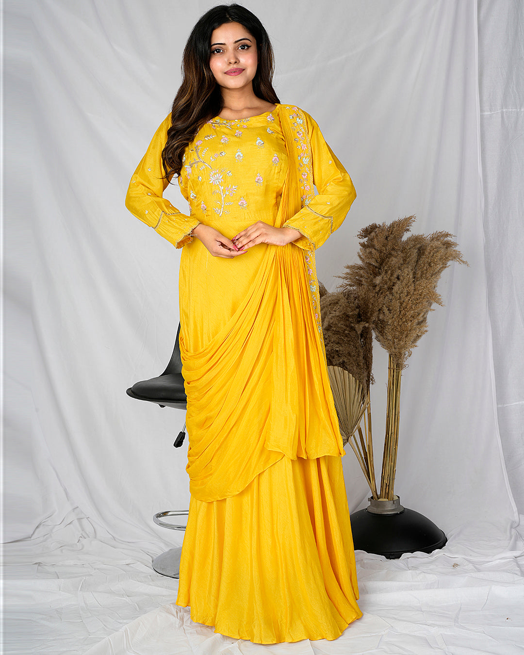 PF7285 Mustard Kurtis Contemporary Clothing Ethnic Clothing Gown Hand Embroidery Indo-Western Silk