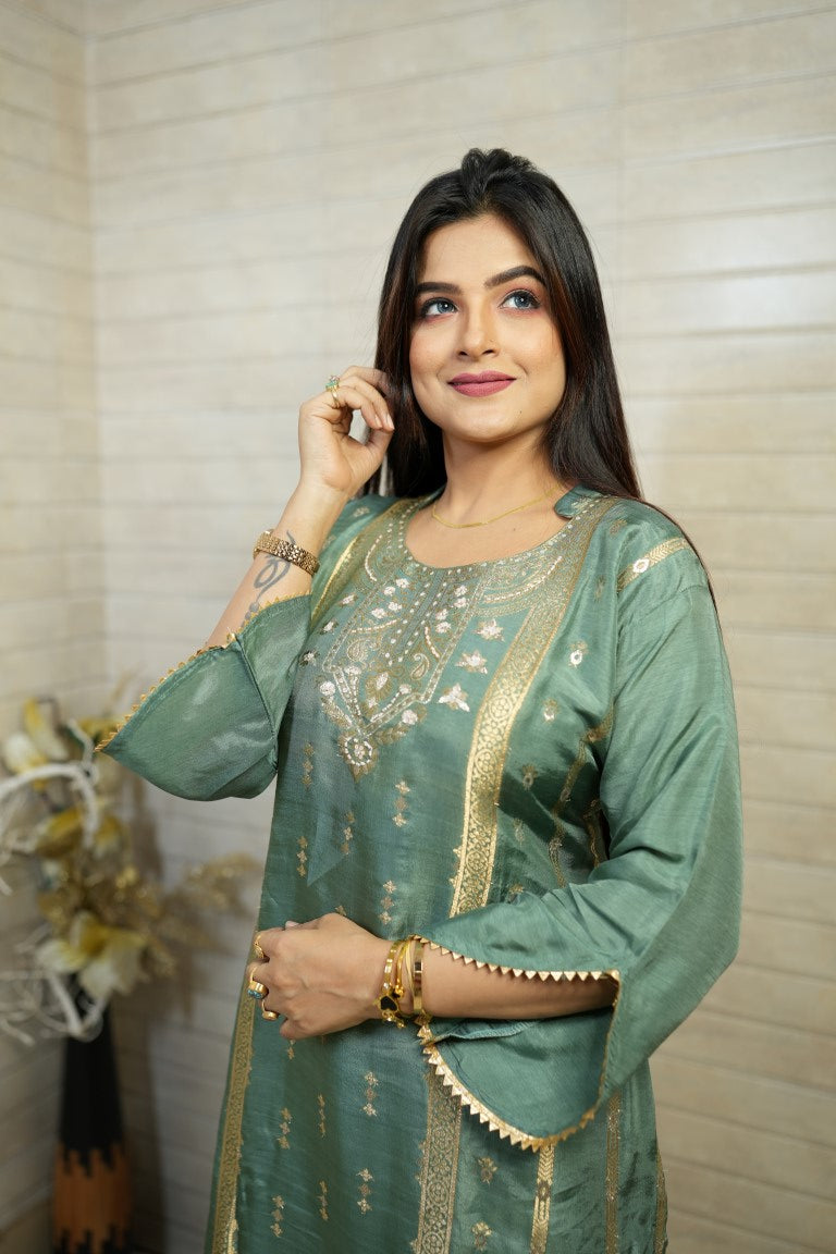 PF7288 Sea Green Kurtis Casual Wear Ethnic Clothing Hand Embroidery Kurta Sets Silk