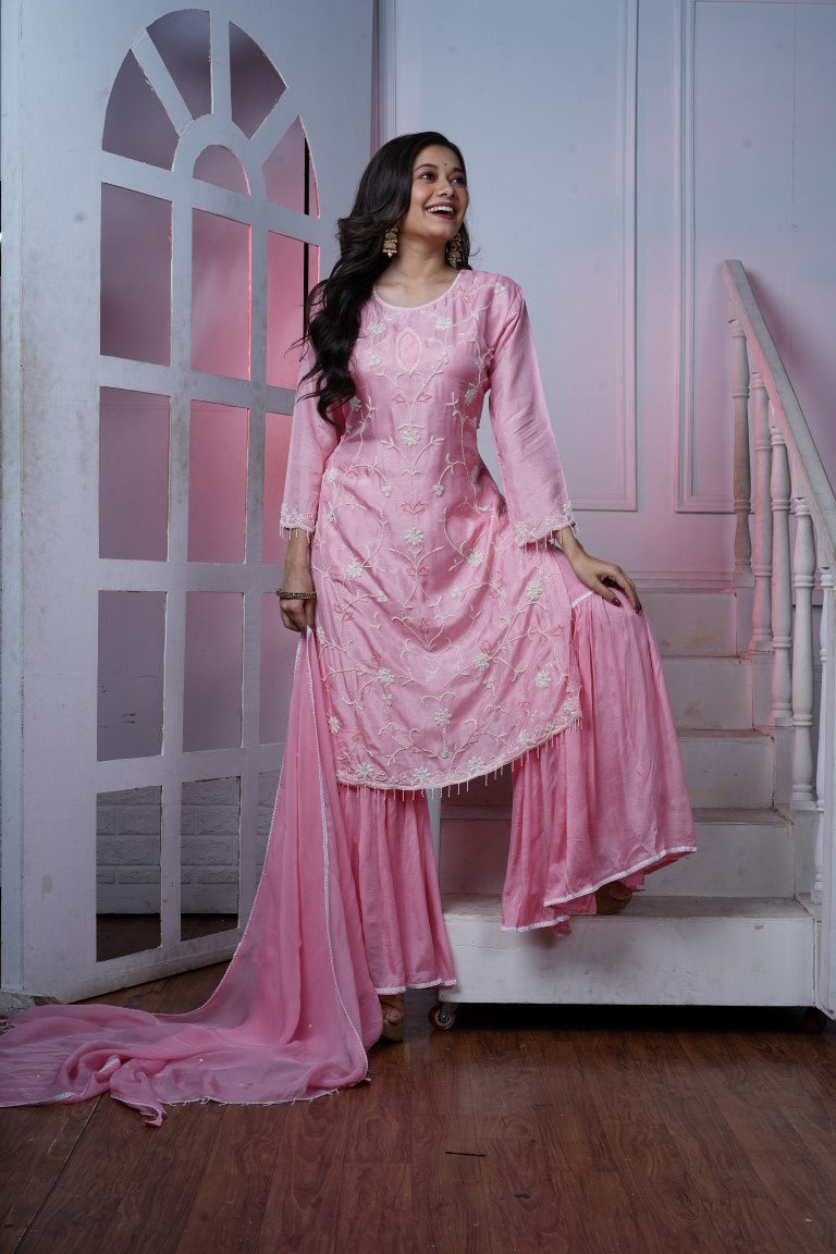 PF7292 - Pink , Kurtis , Ethnic Clothing Hand Embroidery Kurta Sets Shararas Silk