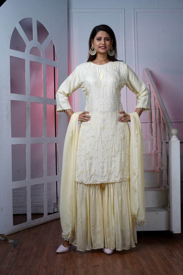 PF7292 - Lemon , Kurtis , Ethnic Clothing Hand Embroidery Kurta Sets Shararas Silk